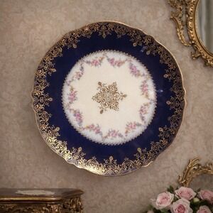 Antique Théodore Haviland Limoges France 7.5" Plate Cobalt Blue Gold w/ Hanger